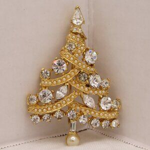 Vintage Signed PELL Clear Rhinestone Christmas Tree Brooch 2.5" Pearl, Gold Tone